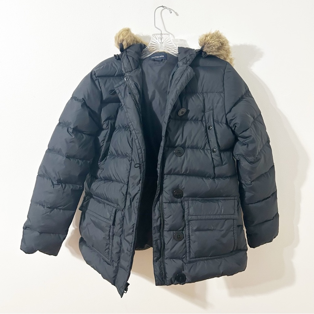 Lands’ End Insulated Mid Length Down Filled Puffer Jacket Coat Faux Fur Hooded 🖤